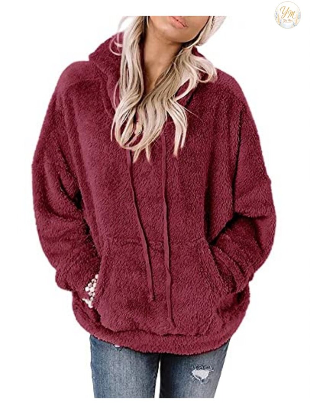 Womens Hooded Sherpa Pullover Long Sleeve Fuzzy Fleece Top